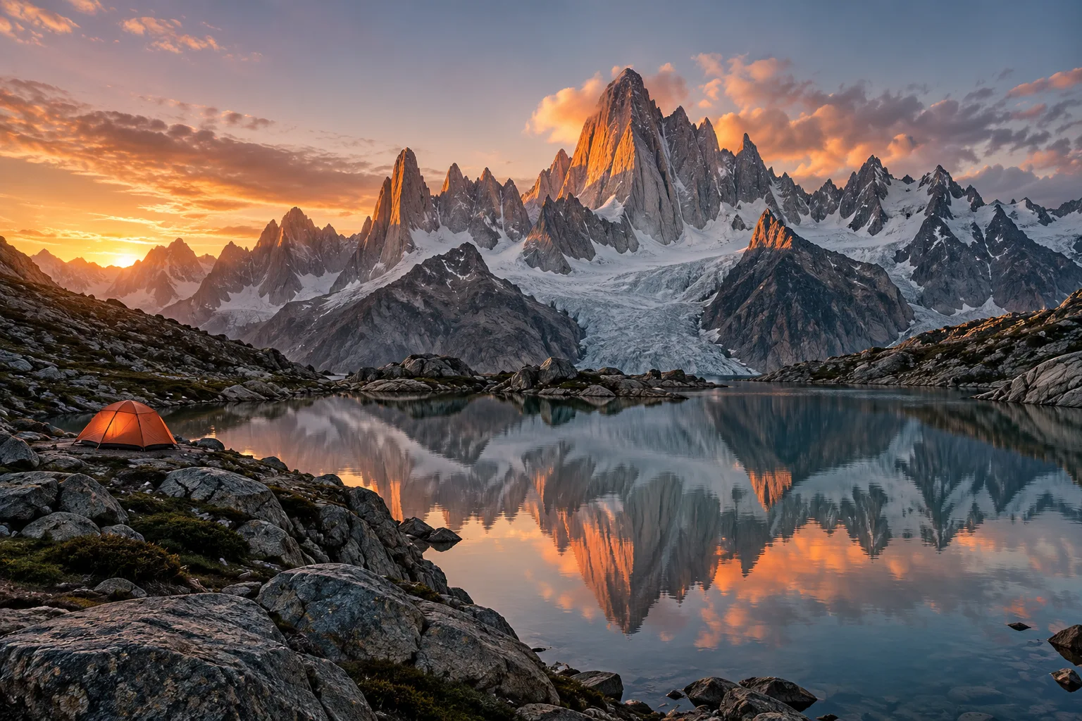 Patagonian granite peaks reflected in a still glacial lake, tiny unoccupied expedition tent, dramatic dawn