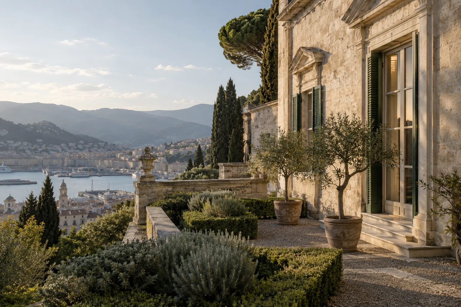Genoese limestone building facade and terraced garden, subtle architectural restoration