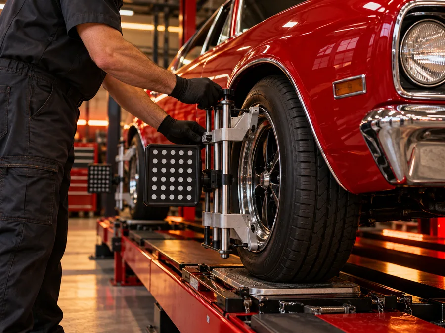 Mechanic aligning the wheel of a classic red car