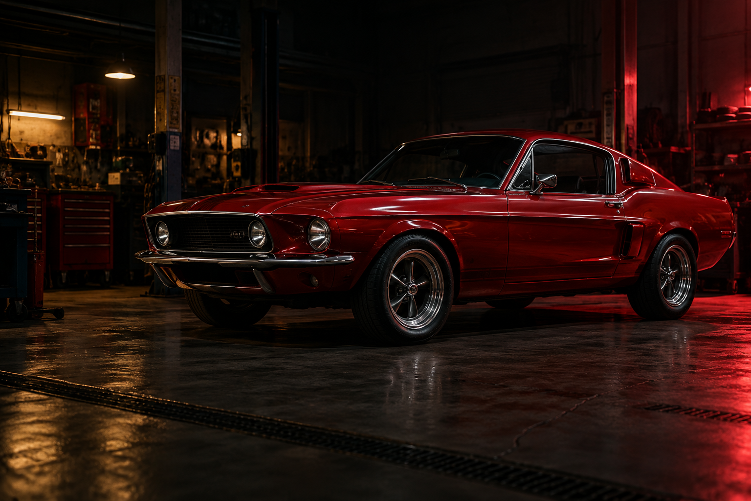 Realistic red 1967 classic fastback parked in a dark Detroit mechanic workshop