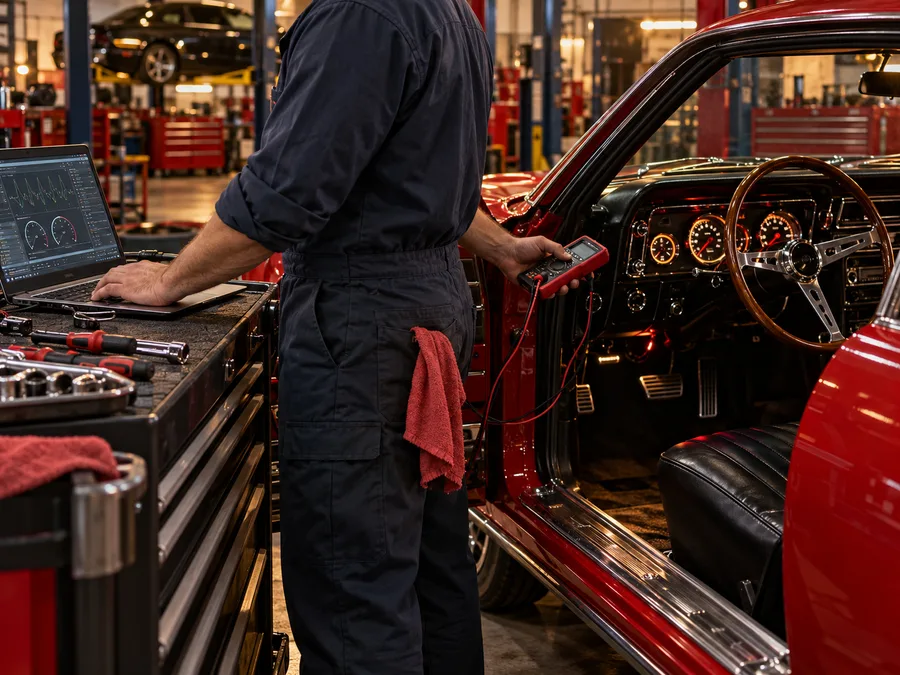 Mechanic using diagnostic equipment beside a classic red car