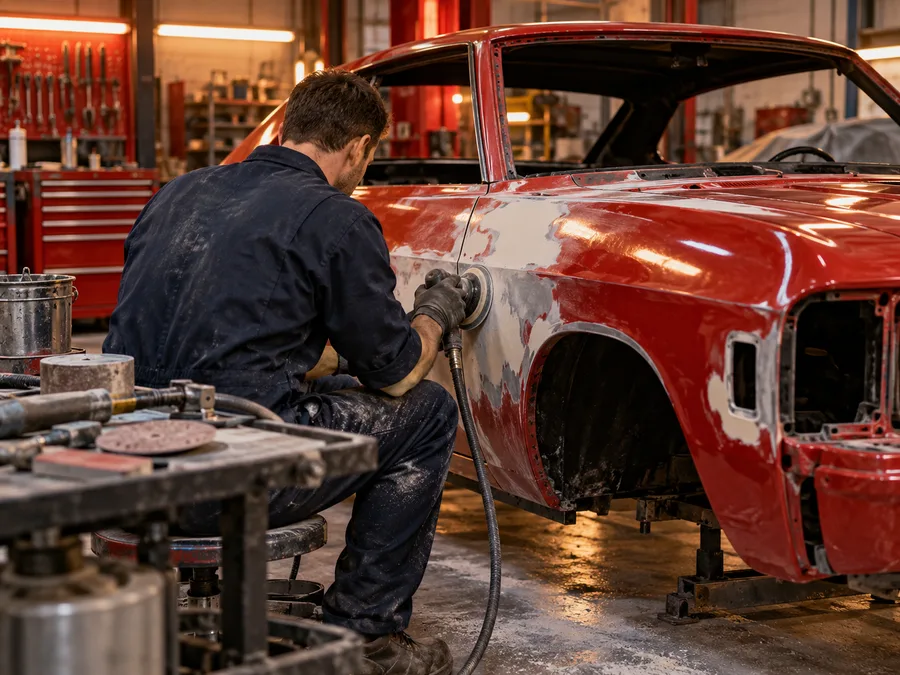 Mechanic restoring the body panel of a classic red car