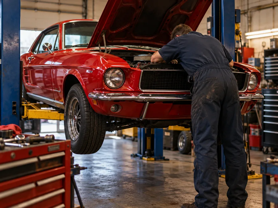 Mechanic servicing a classic red car on a workshop lift