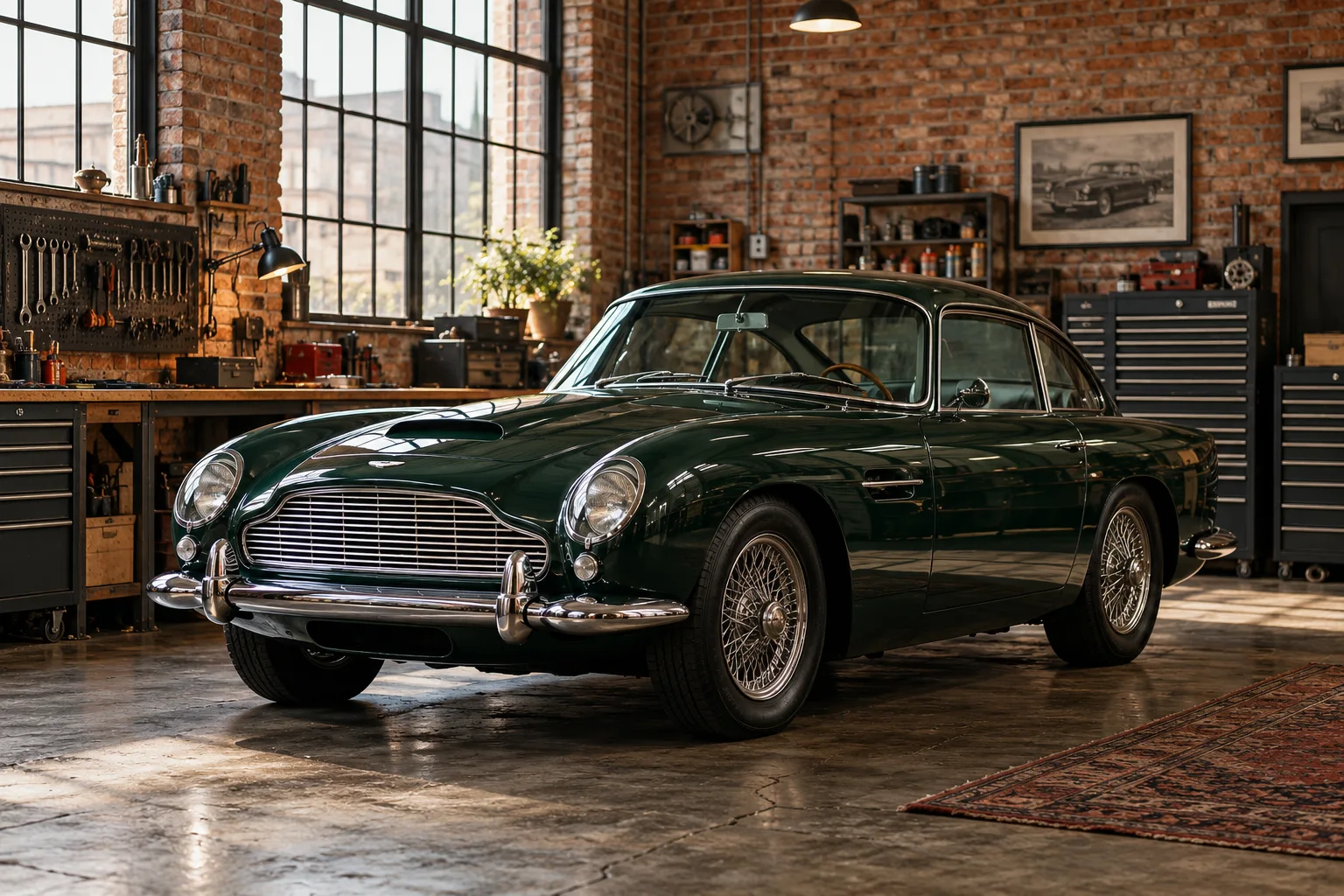 Realistic red 1967 classic fastback parked in a dark Detroit mechanic workshop, warm red and amber shop lights