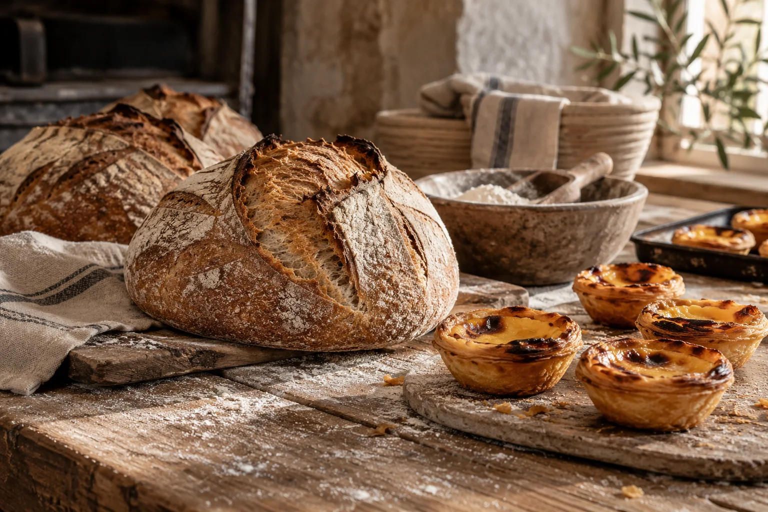 Fresh rustic sourdough loaves and Portuguese custard tarts on flour-dusted oak bakery bench