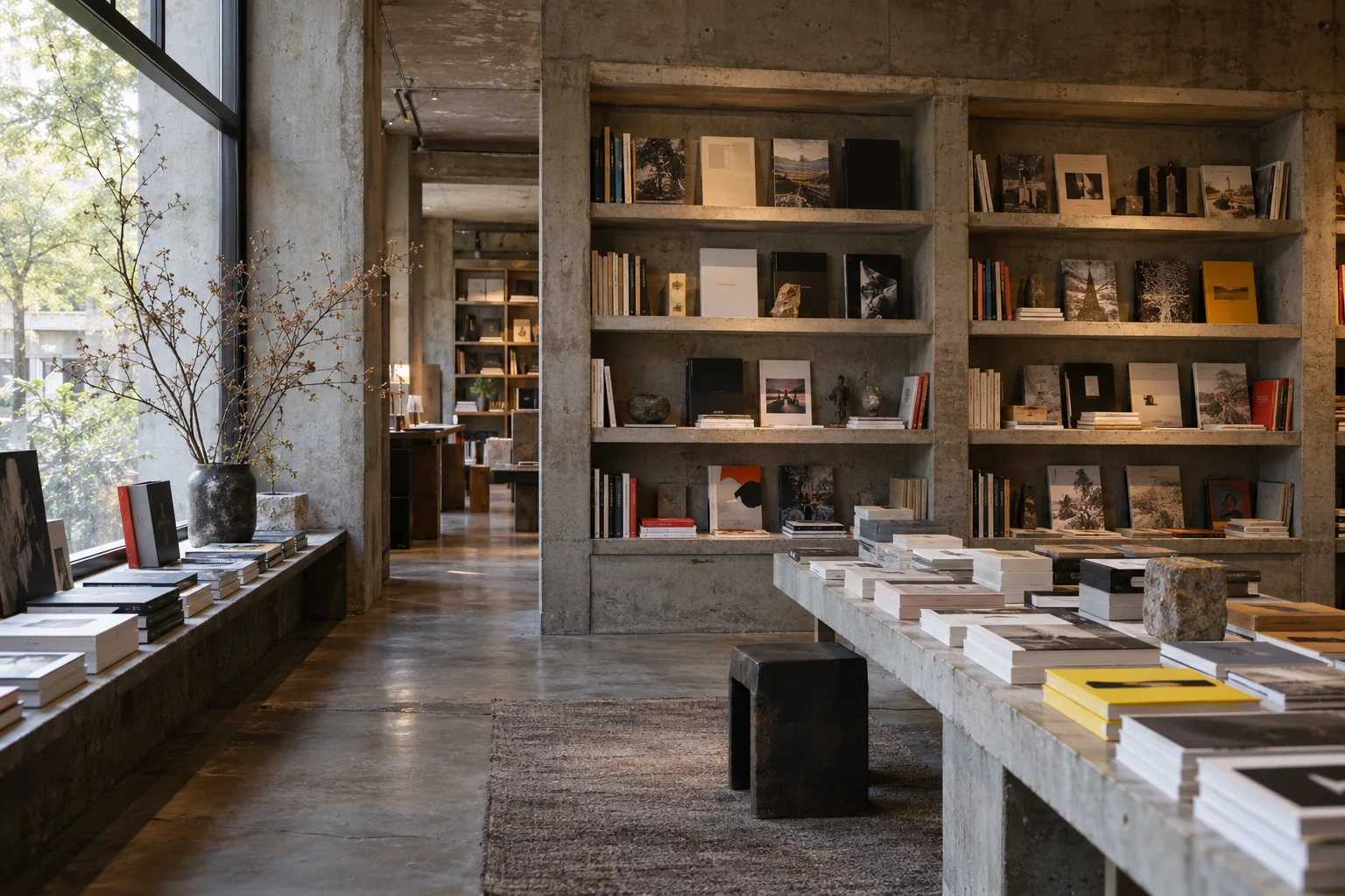 Brutalist Berlin independent bookstore interior, beautiful art books on concrete shelves