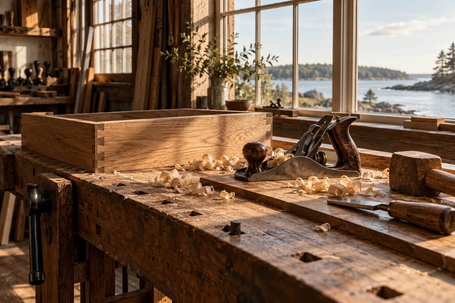 Wood joinery bench with oak dovetail joints, sharp hand plane and warm Maine window light