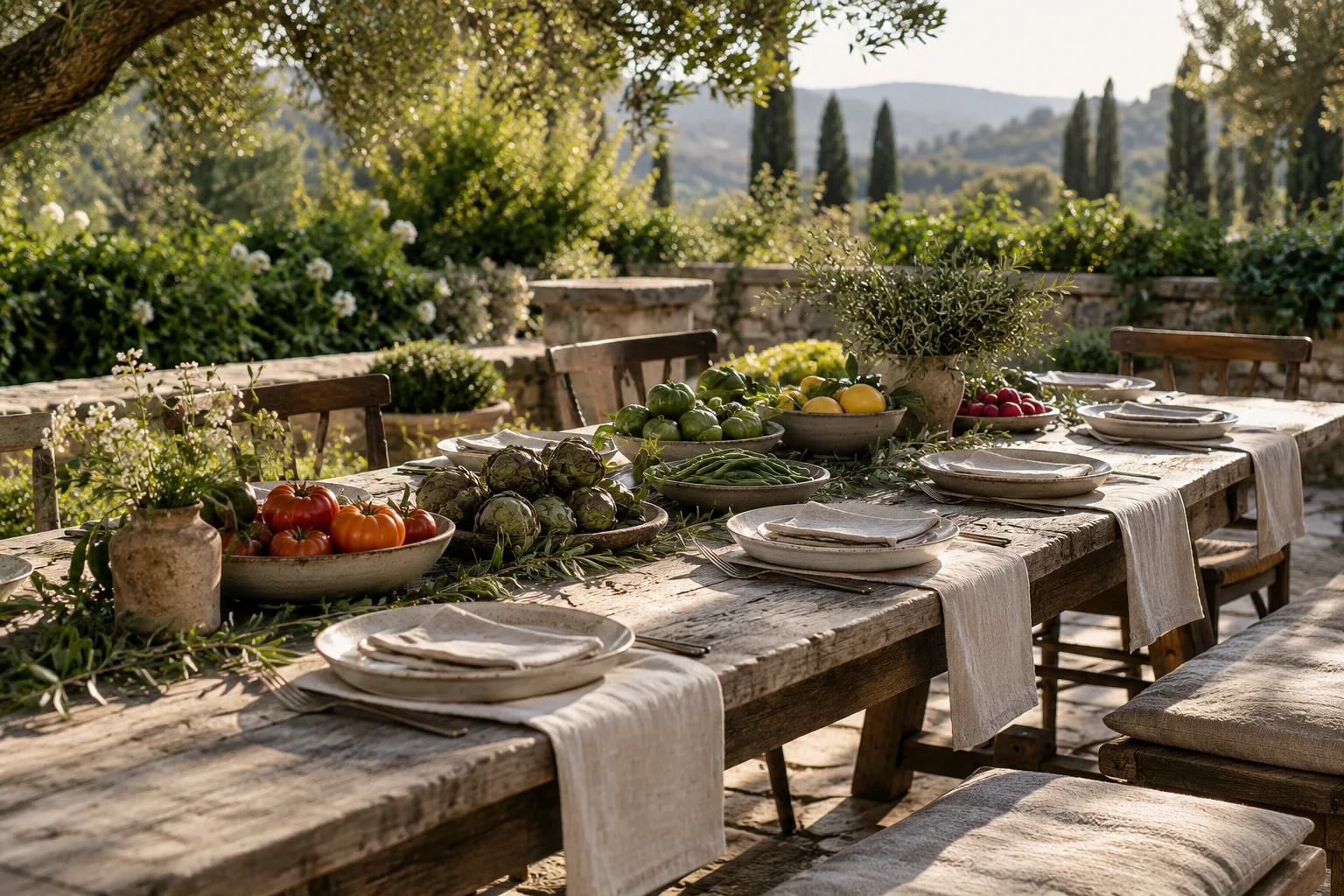 Long garden table laid with handmade plates, linen and seasonal vegetables, no glasses, no bottles