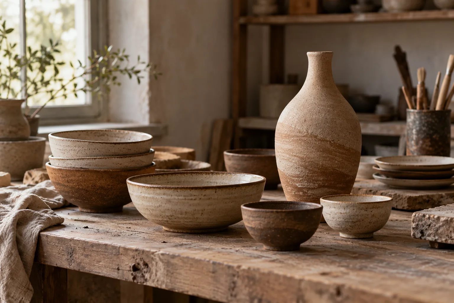 Hand-thrown earth-toned ceramic bowls and single sculptural vase on a pottery bench