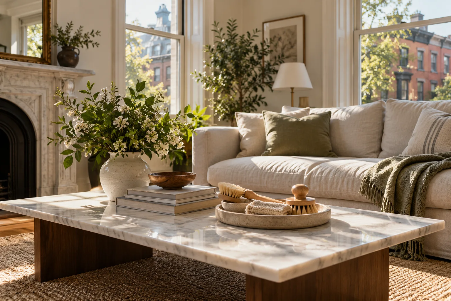 Sunlit Boston living room with clean oak floor, linen sofa, neatly arranged natural cleaning brushes