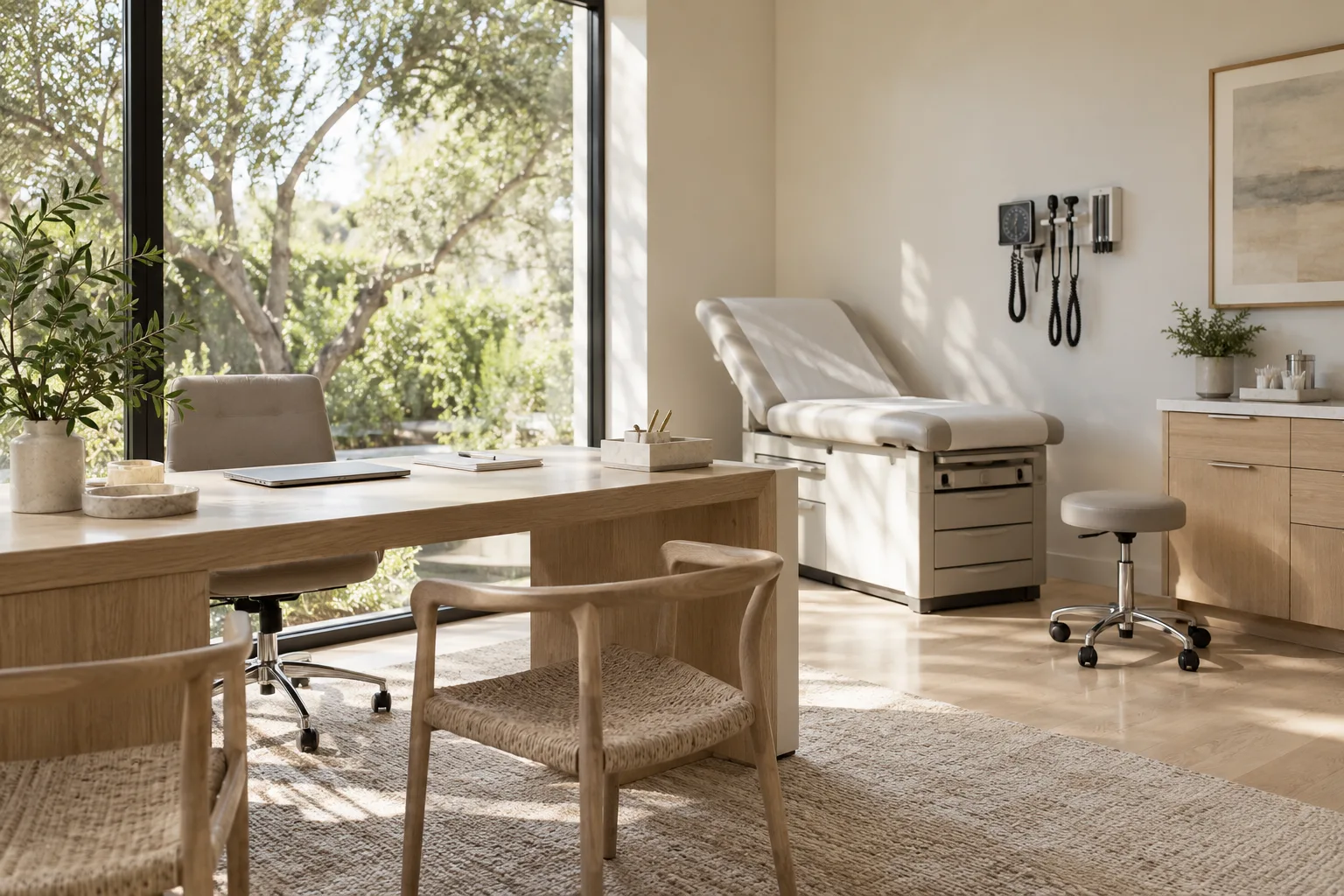 Calm light-filled medical consultation room, pale oak desk and examination equipment, empty