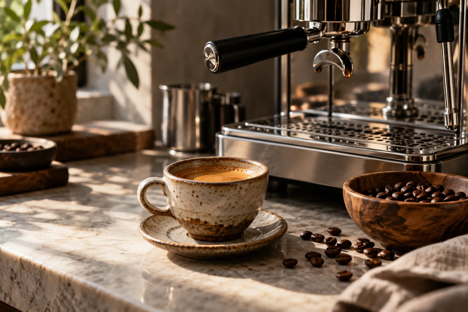 Espresso in a handmade ceramic cup beside roasted coffee beans and chrome espresso machine