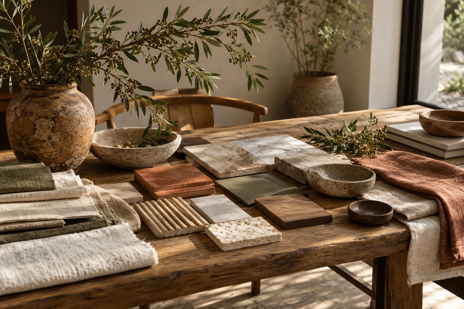 Interior designers material table with linen swatches, terracotta tiles and botanical branches