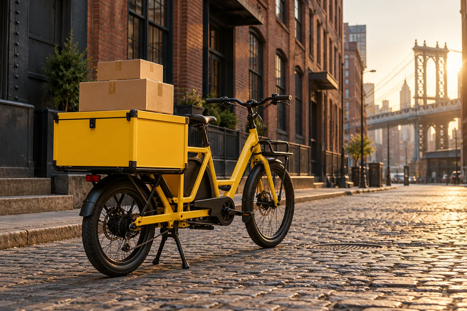 Realistic yellow cargo bicycle with plain parcels on a quiet New York cobblestone street