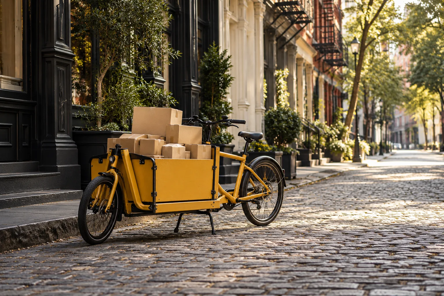 Realistic yellow cargo bicycle with plain parcels on a quiet New York cobblestone street, warm Brooklyn warehouse light