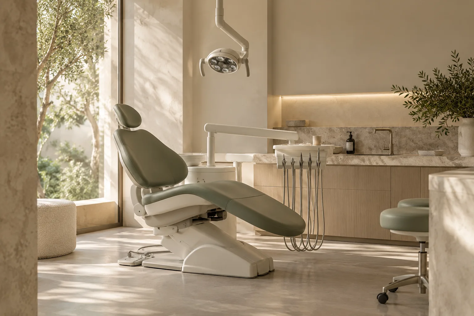 Minimal warm dental surgery interior, sage dental chair and pale stone walls, empty