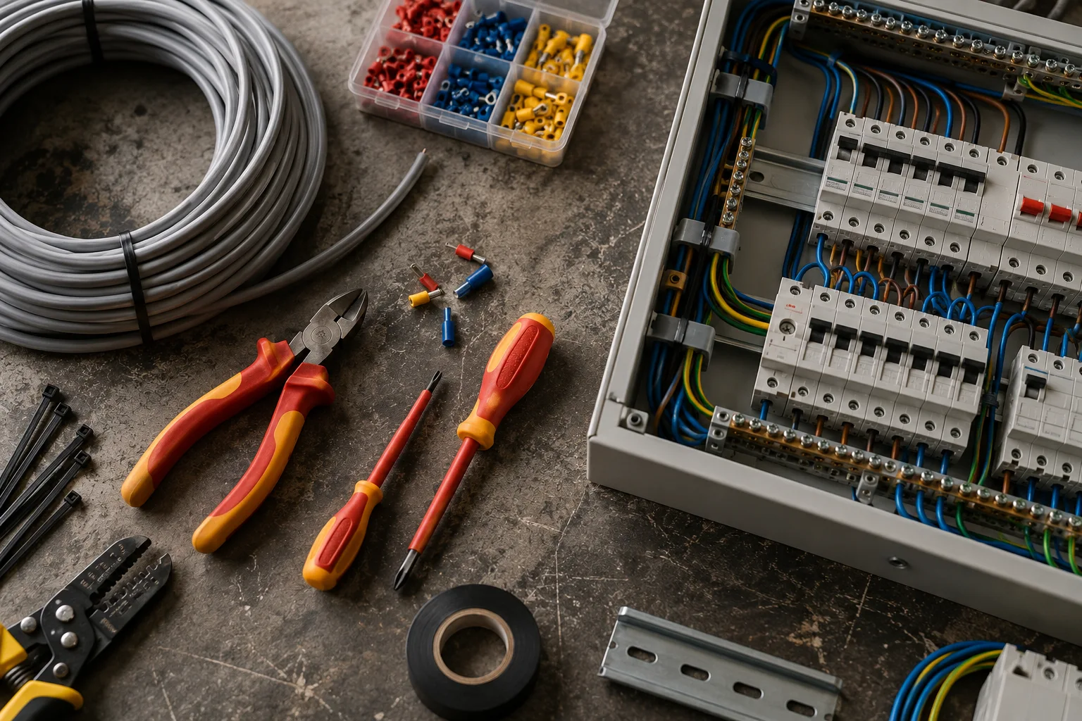 Precise electrical workshop flat lay, coiled cable, insulated tools and neatly wired panel