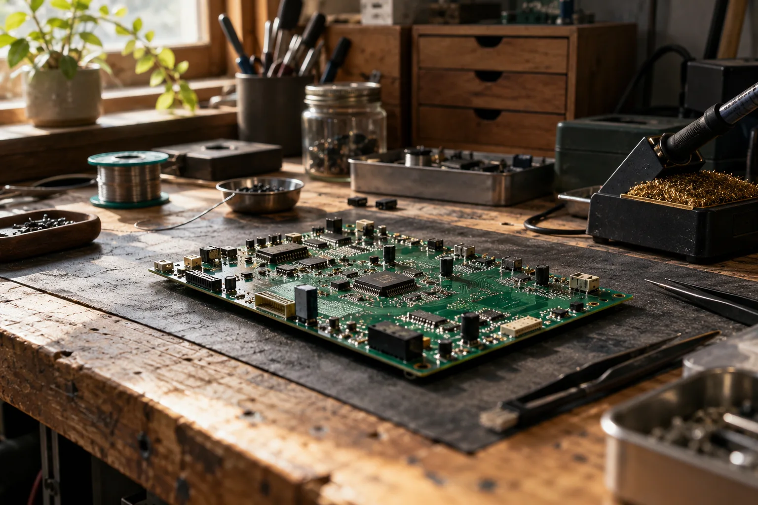 Macro photograph of a green circuit board on Japanese repair bench with soldering iron