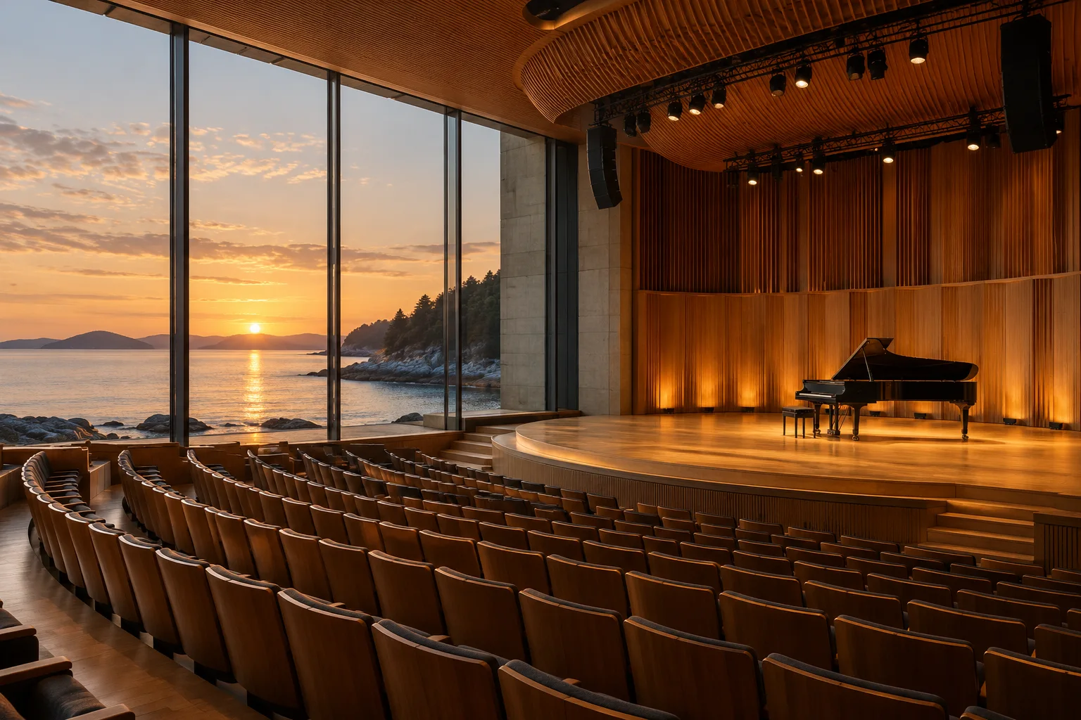 Empty seaside concert hall with warm stage lighting and rows of timber seats