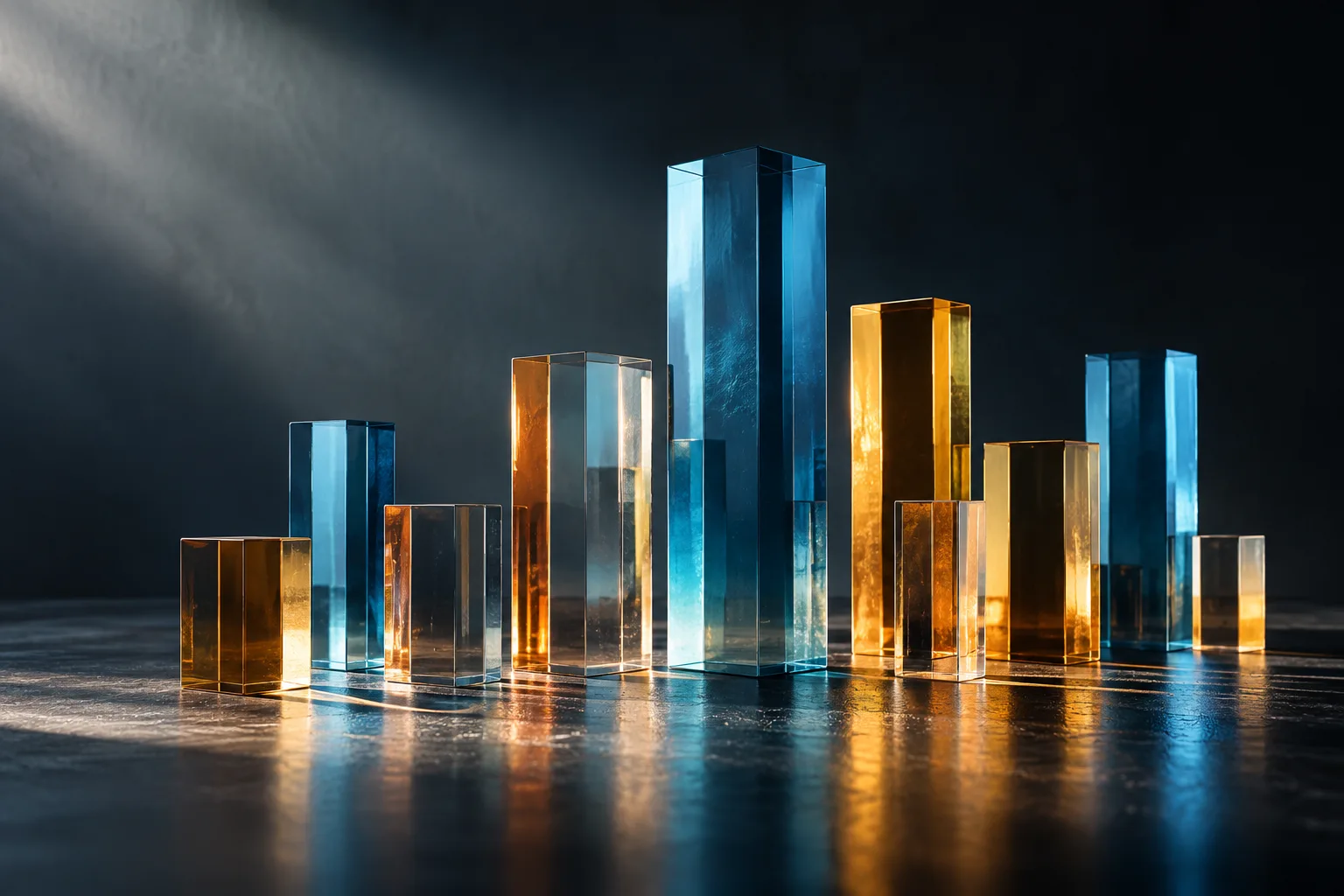 Abstract translucent blue and amber glass data columns on a dark clean studio surface