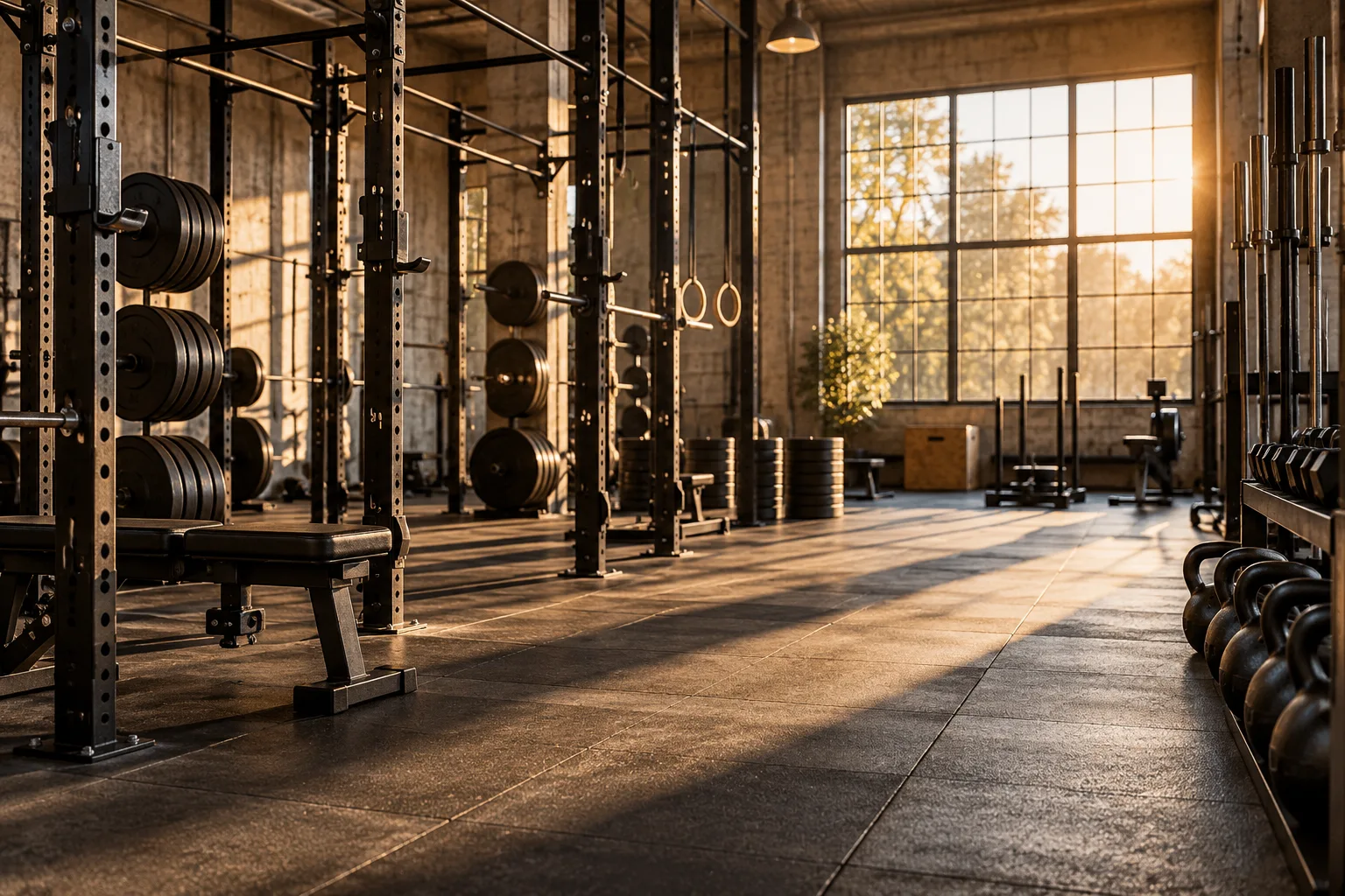 Empty industrial strength gym with neatly racked barbells and warm sunlight, no mirrors reflecting people
