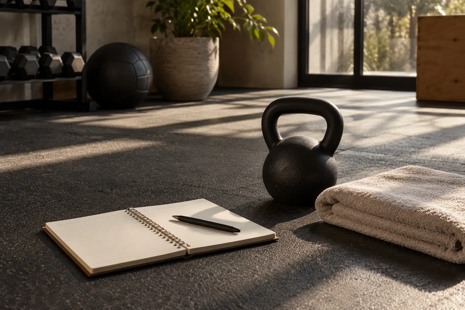 Training notebook, kettlebell and neatly folded towel on a quiet sunlit gym floor