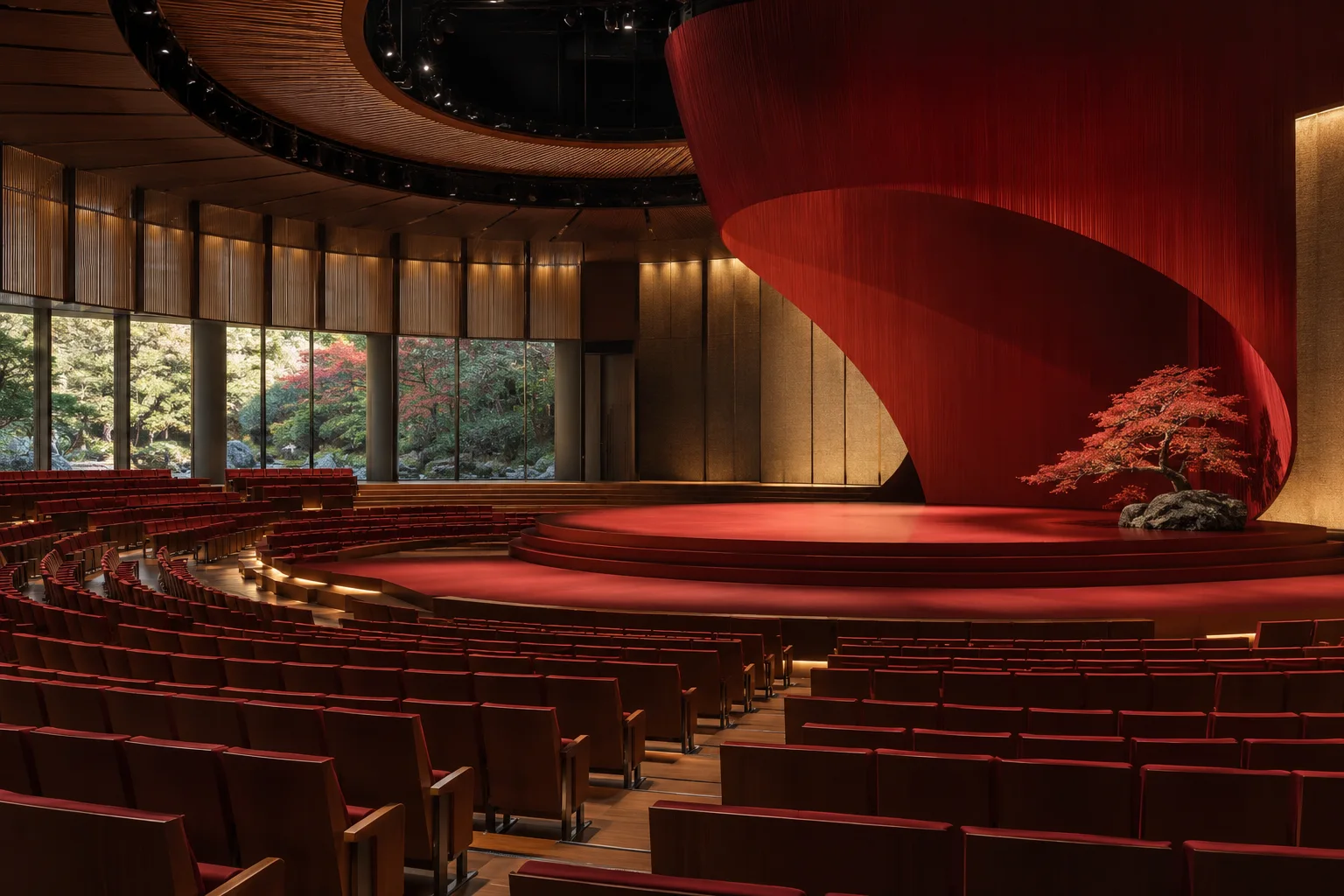 Futuristic empty Japanese conference auditorium with sculptural red stage and warm light