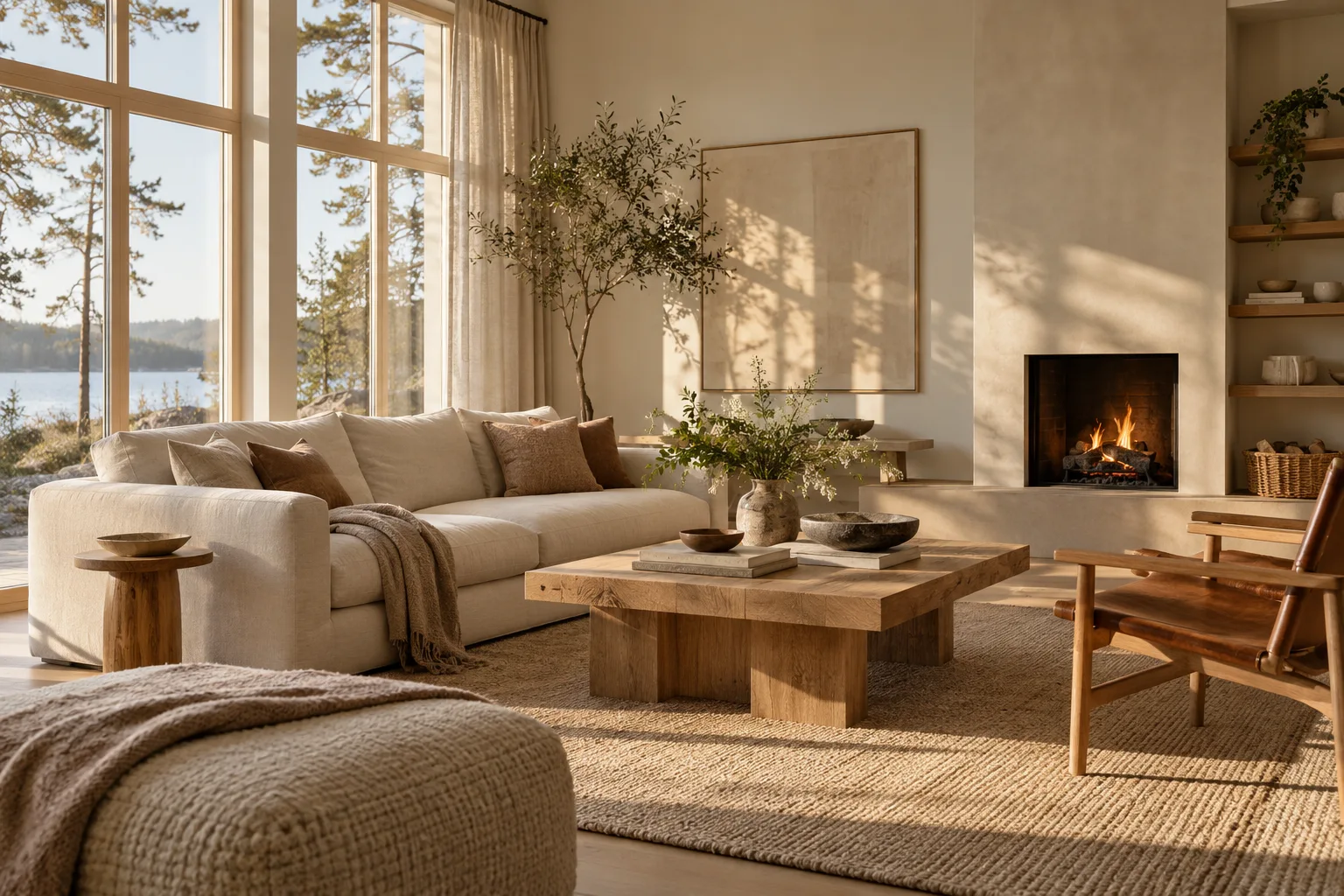 Quiet Scandinavian living room with cream sofa, oak furniture and filtered morning light