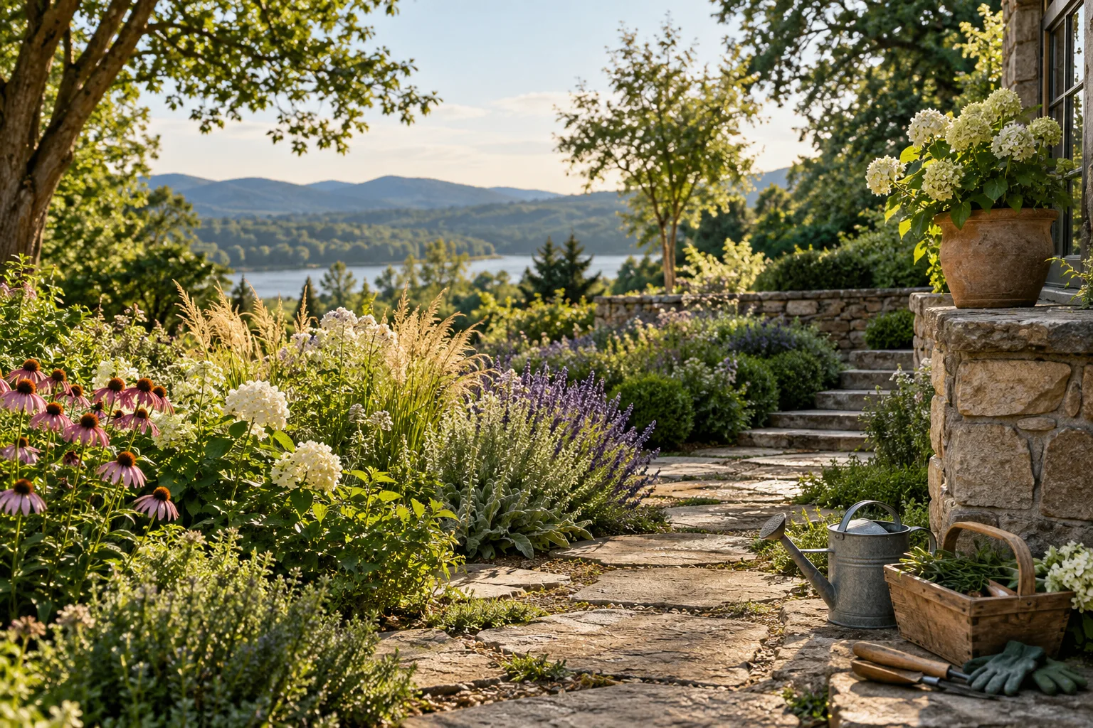 Lush Hudson Valley garden with stone path, native flowers and neatly placed gardening tools