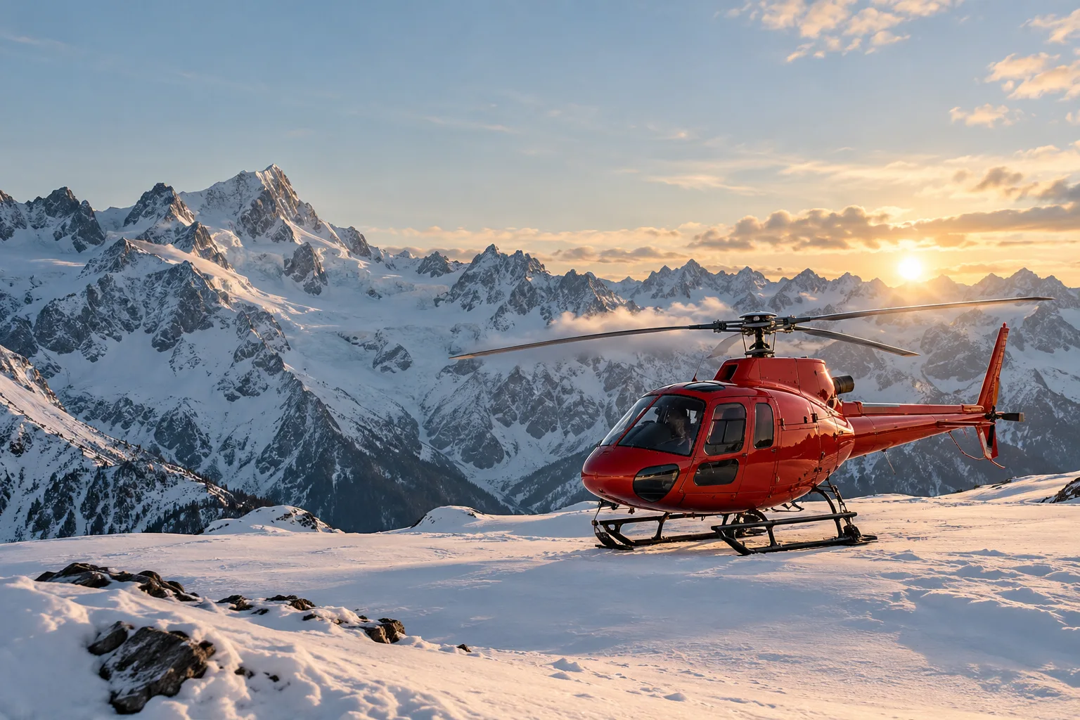 Red helicopter resting on untouched snowy mountain landing area in British Columbia, no people