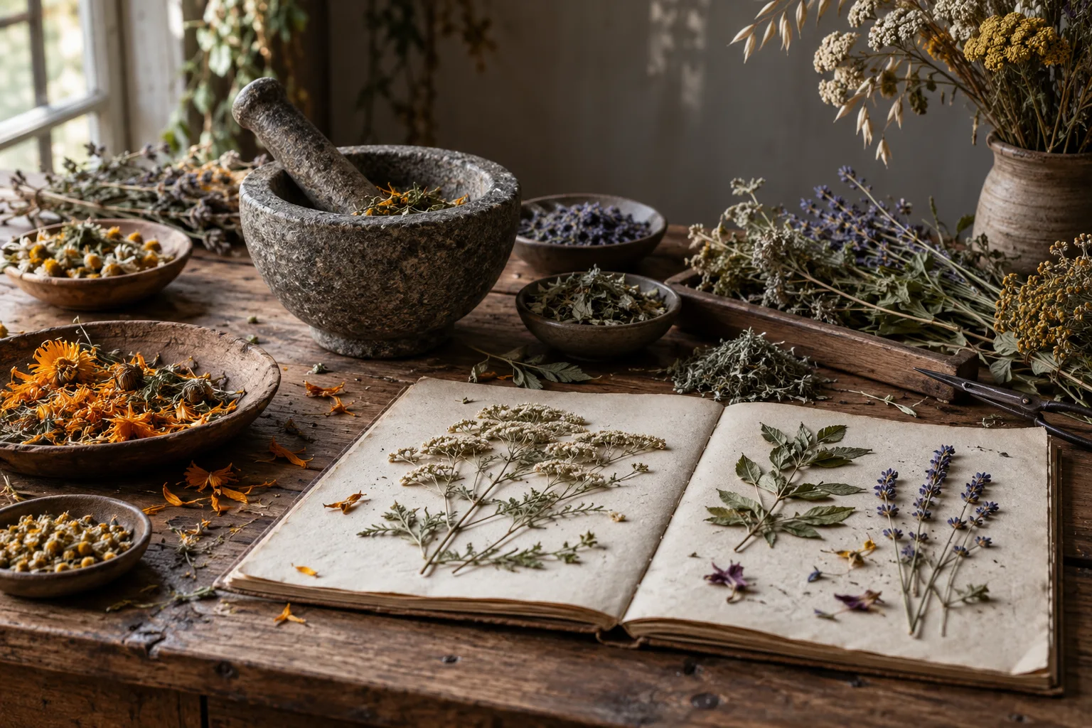Botanical herbarium on wooden apothecary table, dried herbs and mortar, no bottles