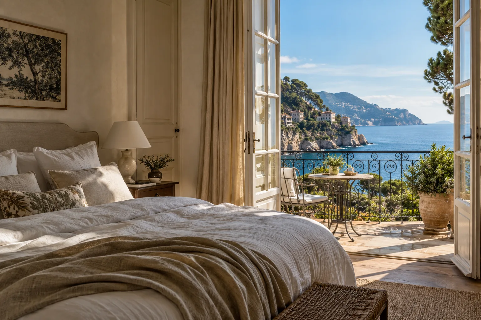 Quiet French Riviera hotel bedroom with linen bed and open balcony onto azure sea