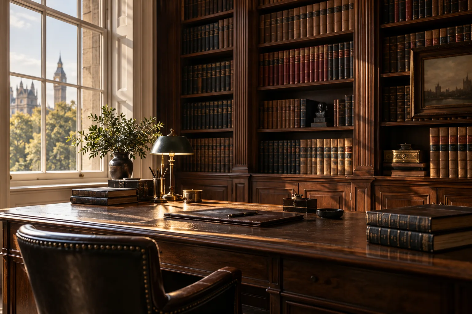 Quiet London legal library, bound books, oak writing desk and soft afternoon light