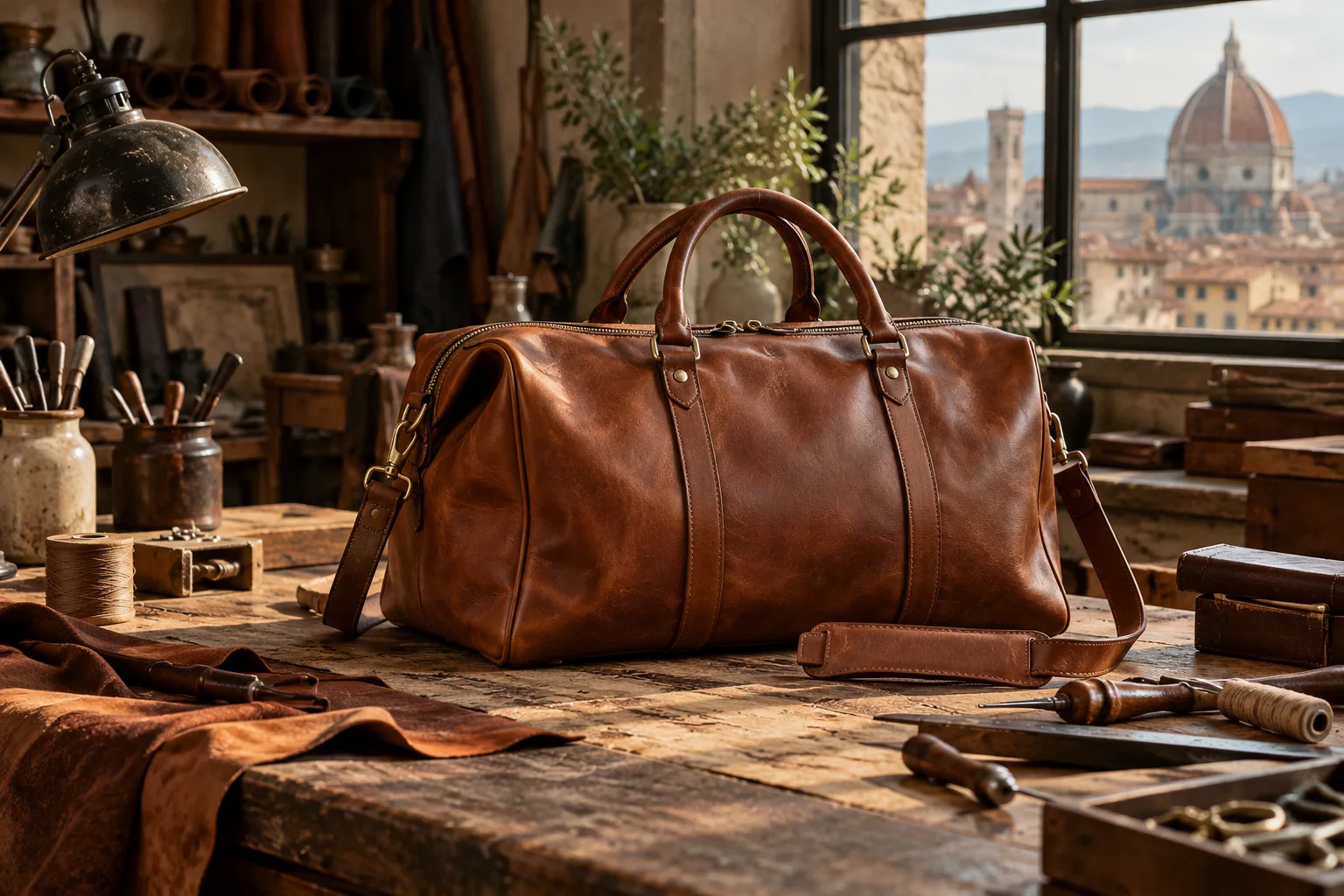Handstitched cognac leather weekend bag and leatherworking tools on Florentine workbench