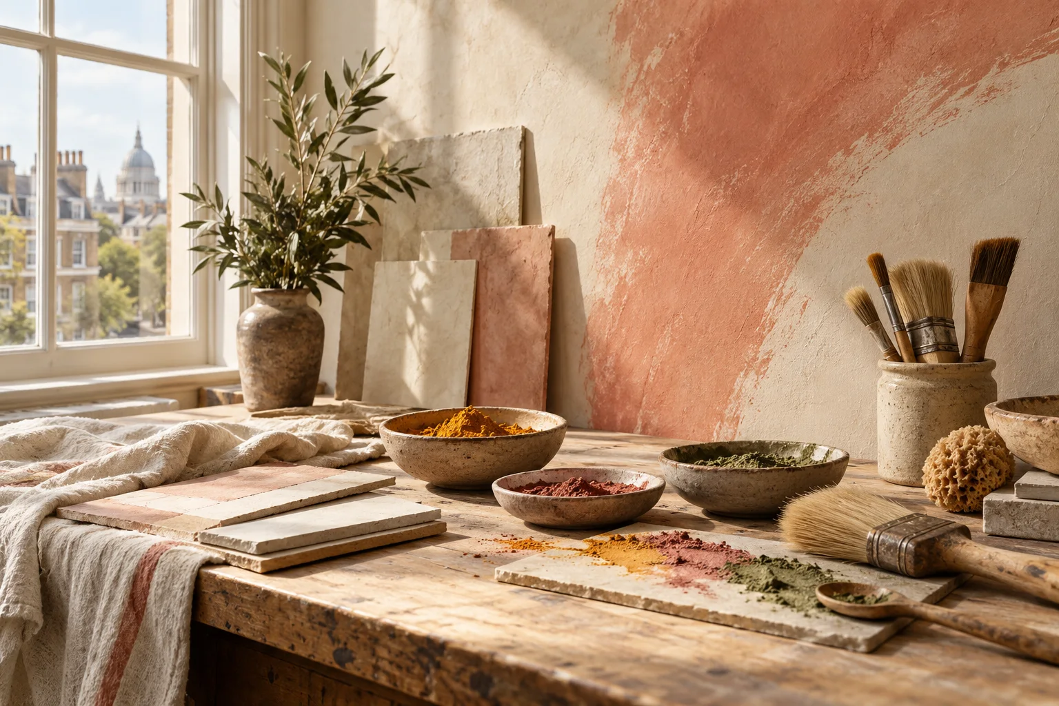Sunlit decorative painting studio with pigment bowls, brushes and textured limewash panels