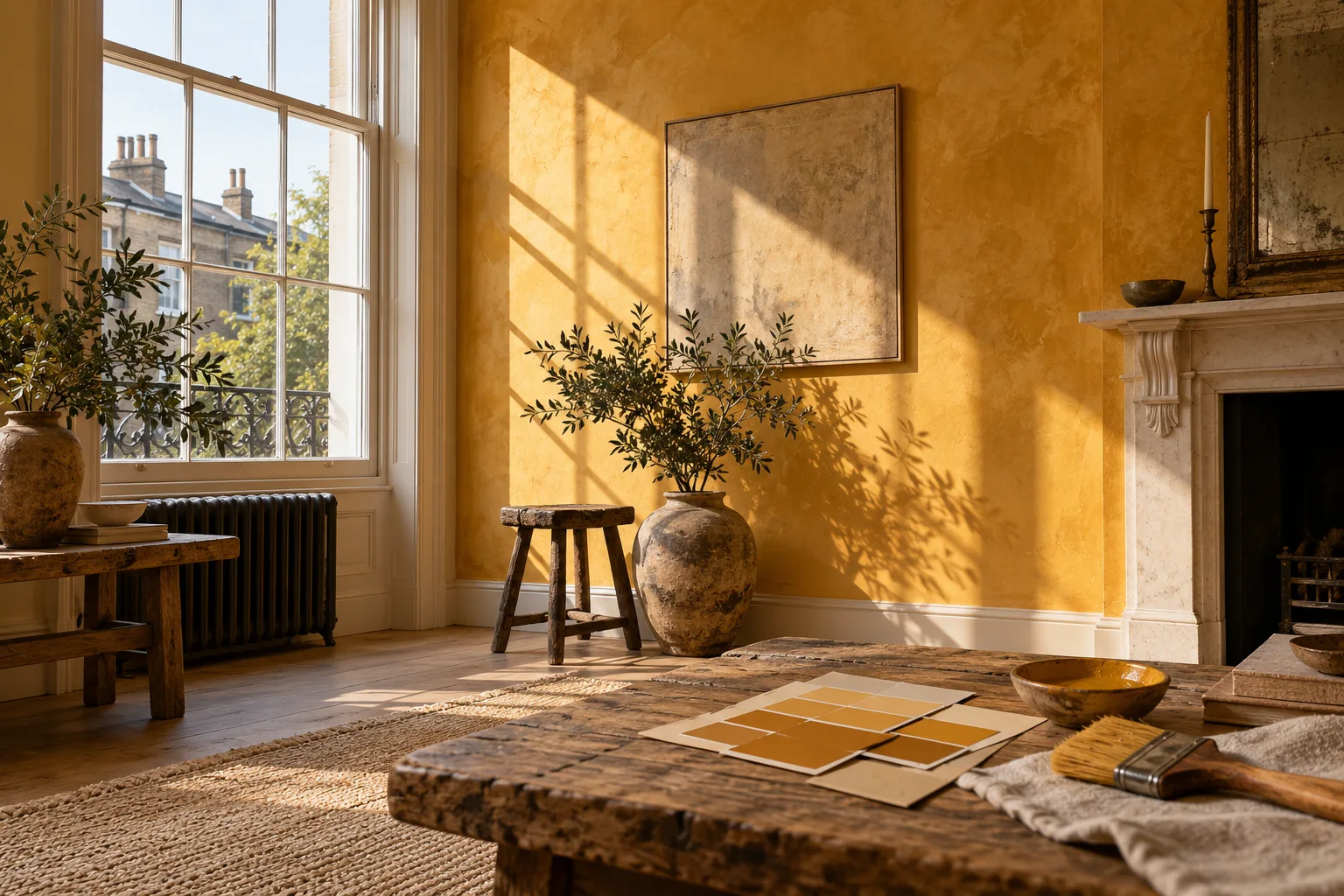 Sunlit London decorative painting studio with pigment bowls, brushes and textured saffron limewash panels
