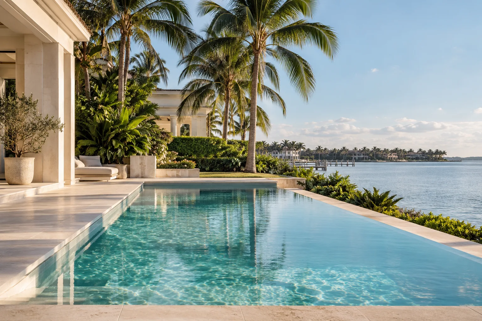 Minimal turquoise swimming pool beside pale stone terrace and palm trees in Palm Beach