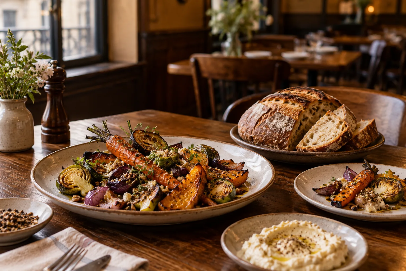 Seasonal roast vegetables and handmade bread on ceramic plates in a warm Lyon bistro, no drinking vessels