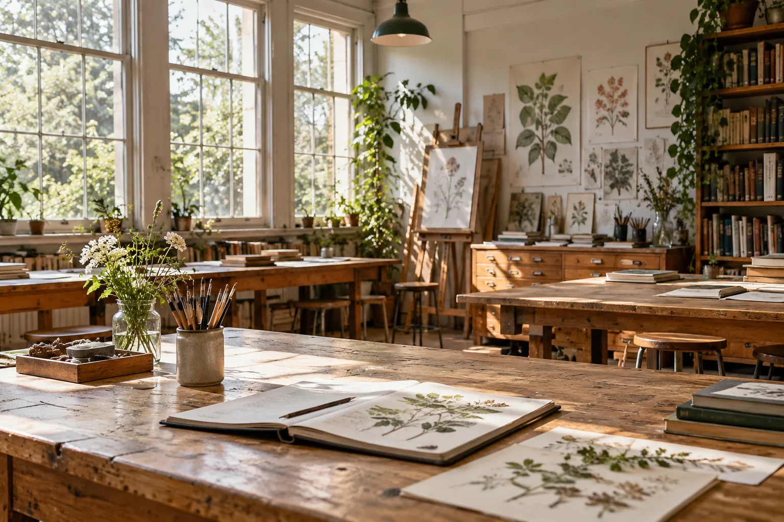 Empty light-filled school art classroom with timber desks, books and botanical drawings