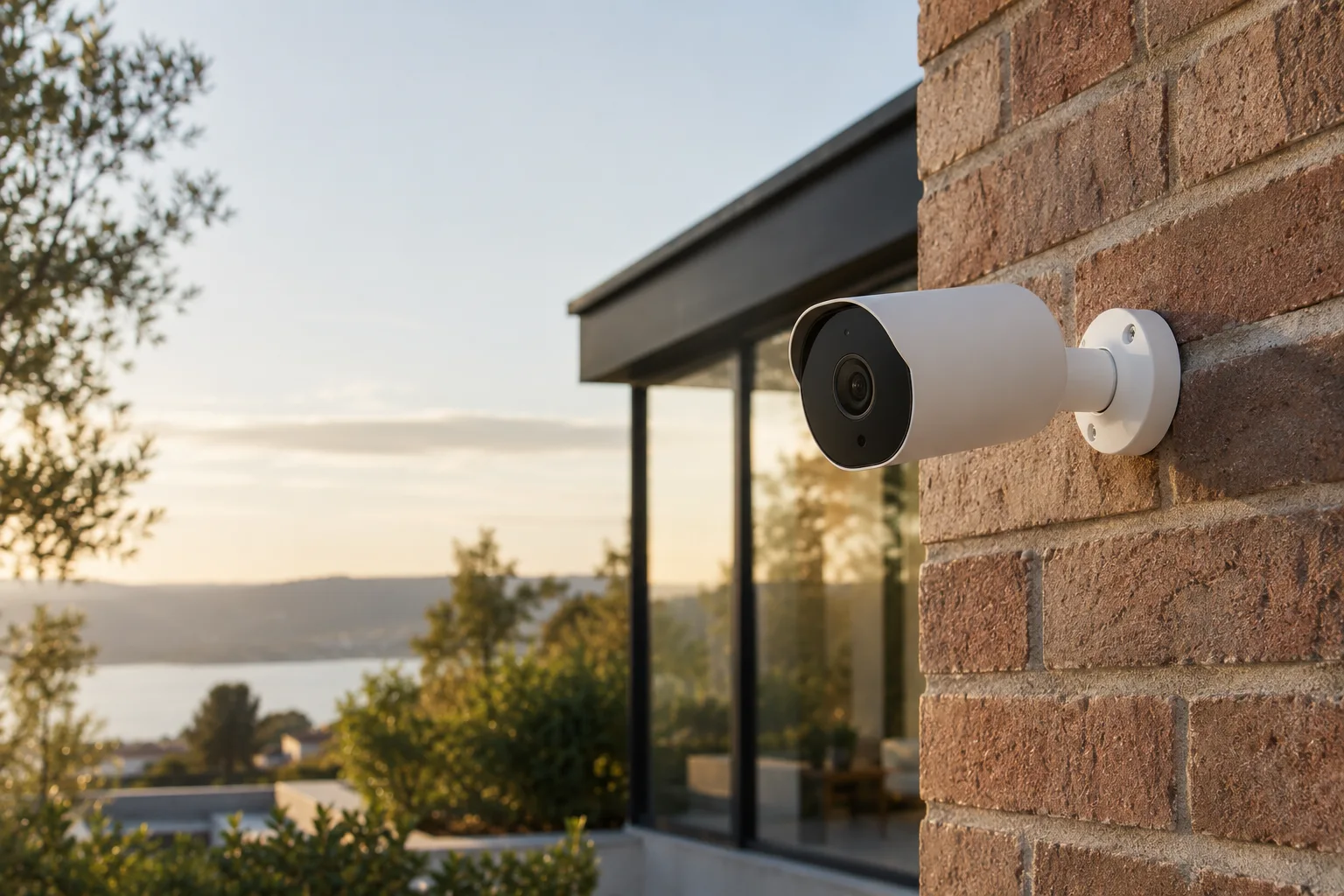 Minimal white outdoor security camera mounted on a brick building, architectural product photograph