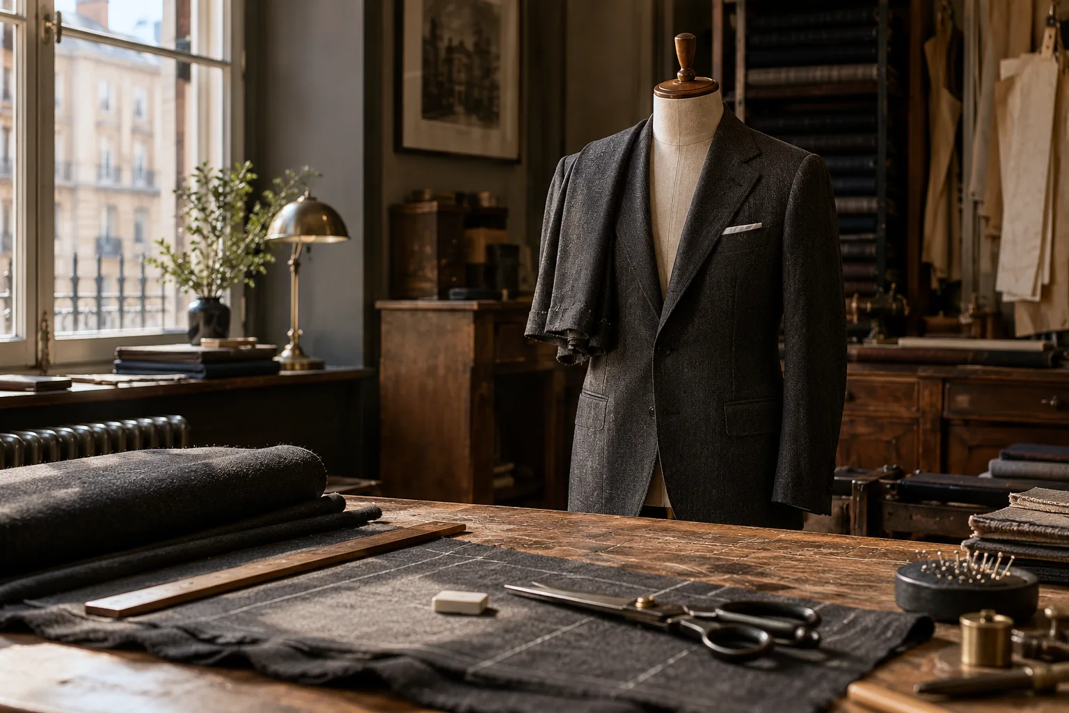 Bespoke charcoal wool suit on a wooden tailor mannequin, shears and chalk on Savile Row workbench