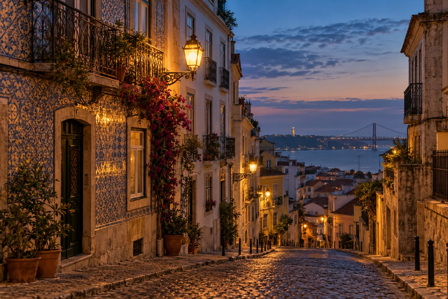 Quiet atmospheric Lisbon cobblestone street at blue hour, warm lamps and tiled facades