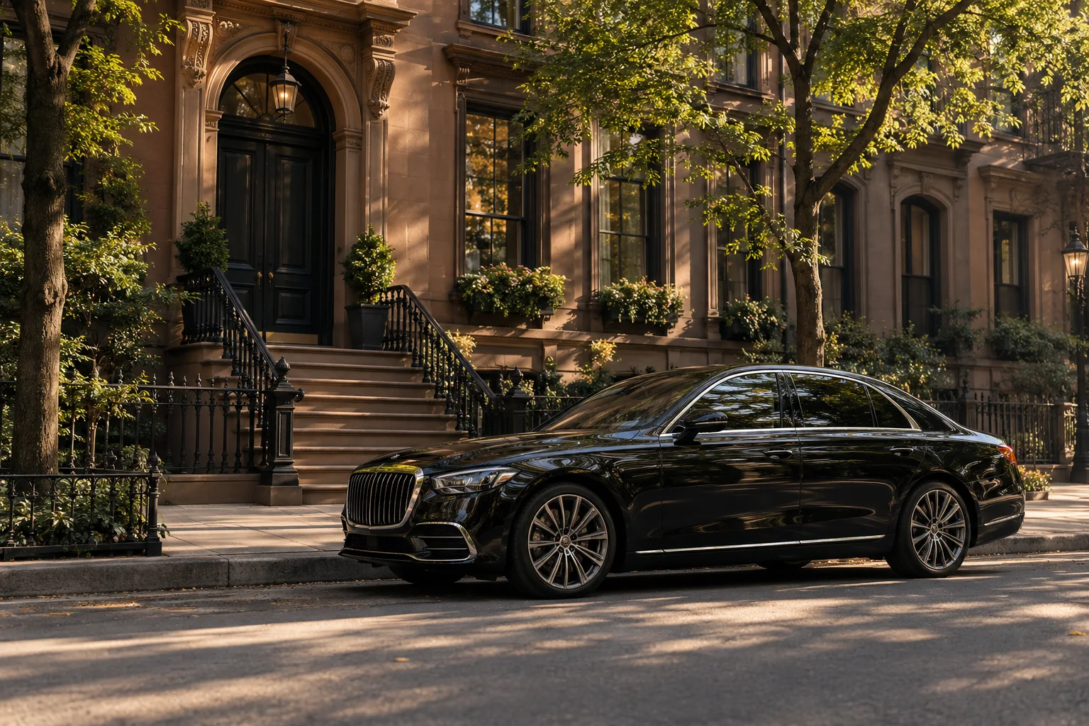 Elegant black chauffeur sedan parked at a quiet Manhattan brownstone at early morning