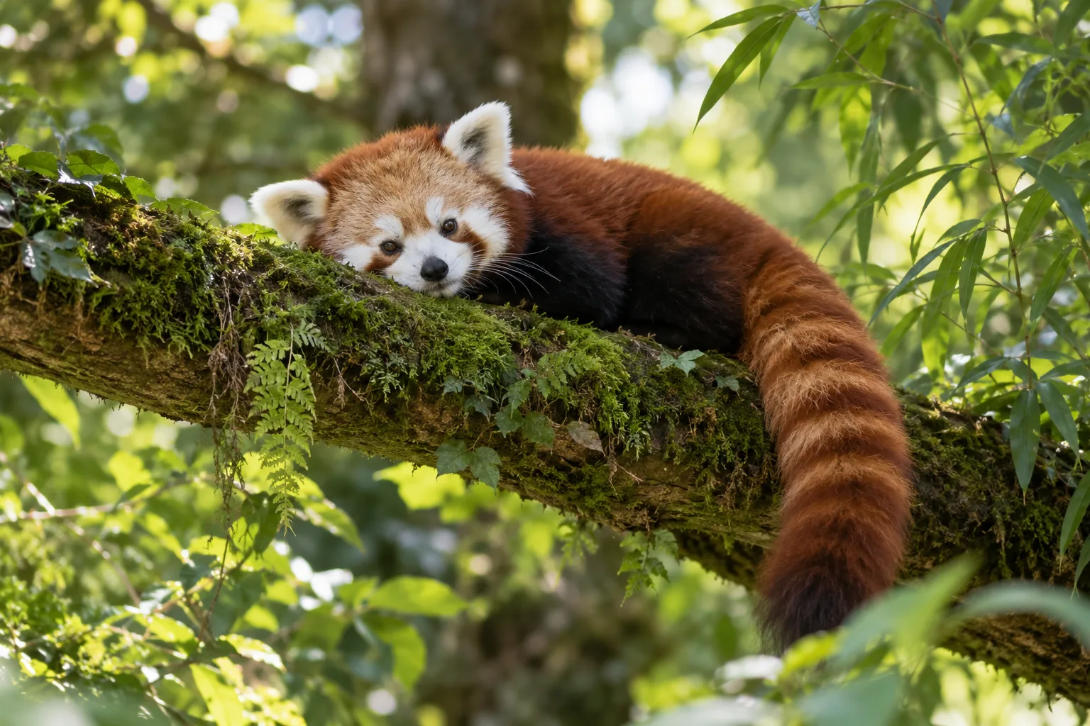 Red panda resting on a mossy branch amid lush conservancy foliage